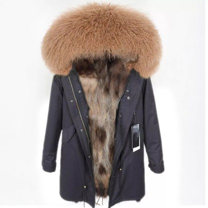 Women's Parka Winter Natural Mongolian Wool Collar Jacket Long Section