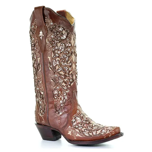 Toloer Women Autumn Winter Glitter Inlay and Crystals Boots Pointed To-TEMN