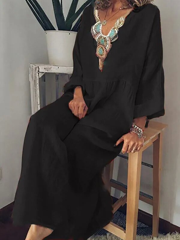 Casual V-Neck Printed Long-Sleeved Dress