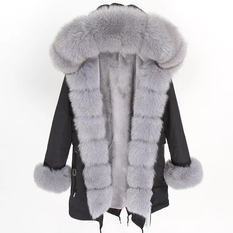 Women's Parka Fox Fur Coats Real Fur Winter Long Black Park Cotton Thi