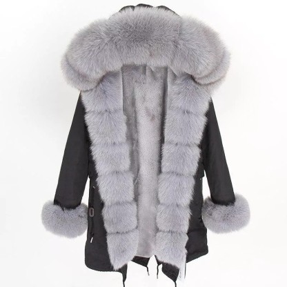 Women's Parka Fox Fur Coats Real Fur Winter Long Black Park Cotton Thi