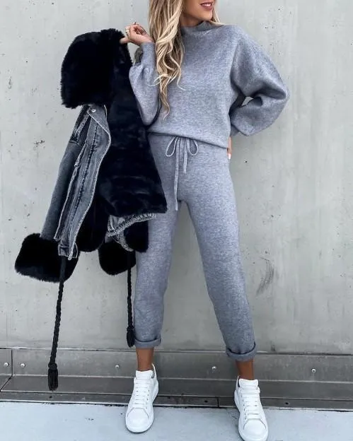 CASUAL SOLID COLOR HIGH COLLAR PENCIL PANTS SUITS