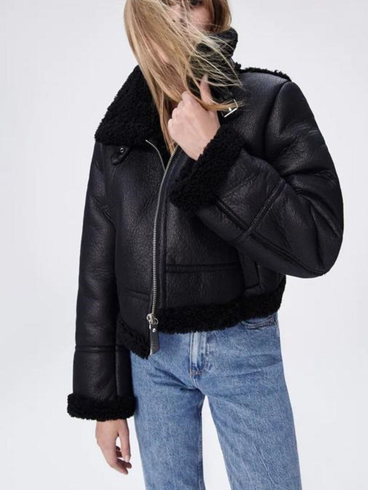 Aviator Cropped Shearling Leather Jacket