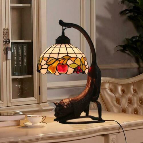 Vintage Style Stained Glass Apple Cat Table Lamp