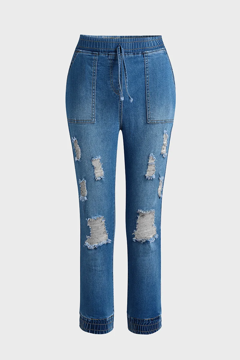 Ripped Drawstring Elastic Waist Pocket Detail Capris Jeans