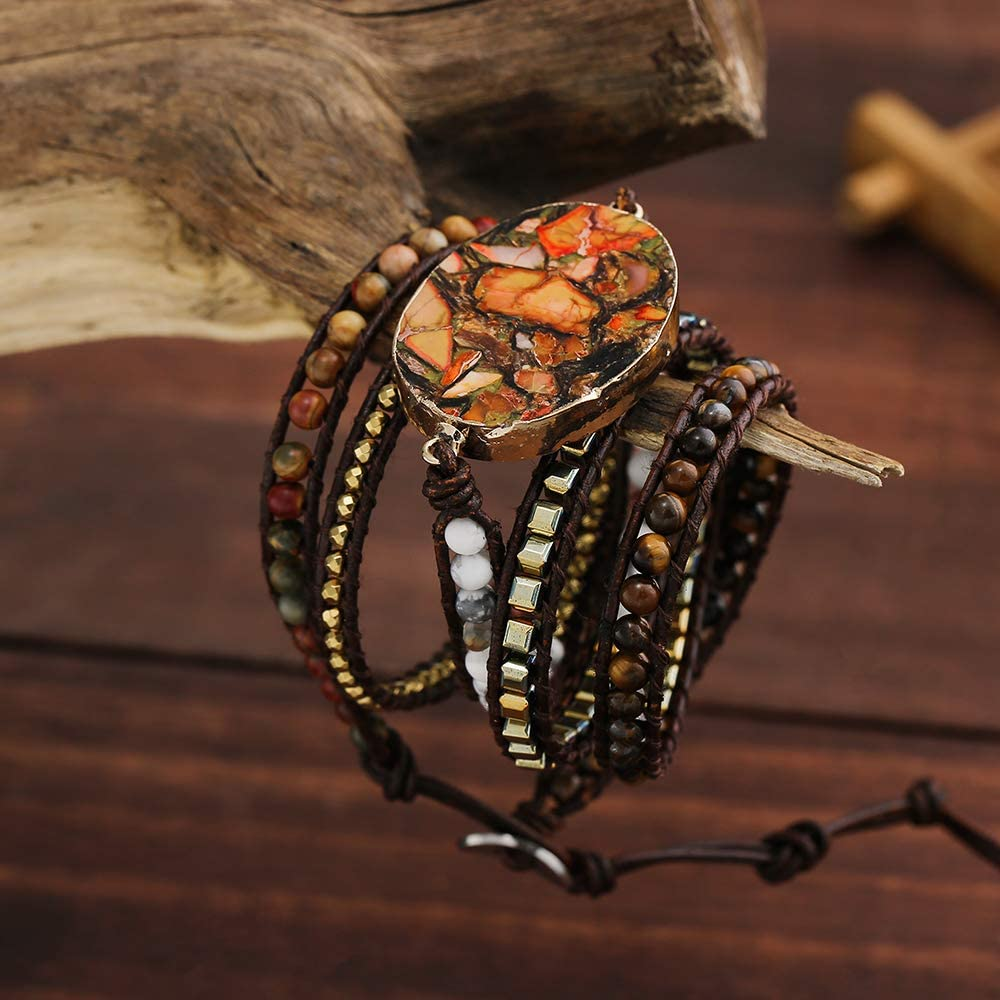 Boho Handmade Imperial Jasper Bracelets Natural Stone Crystal Hematite