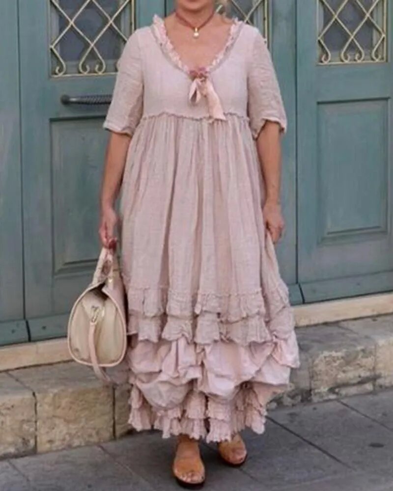Lace Wrinkle Round Neck Short Sleeve Dress