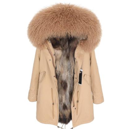 Women's Parka Winter Natural Mongolian Wool Collar Jacket Long Section