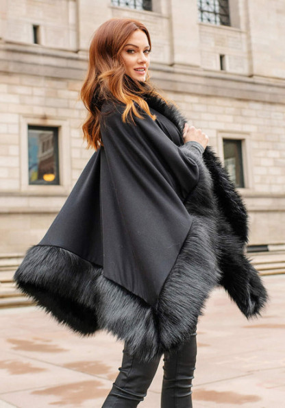 Black Fox Faux Fur-Trimmed Shawl