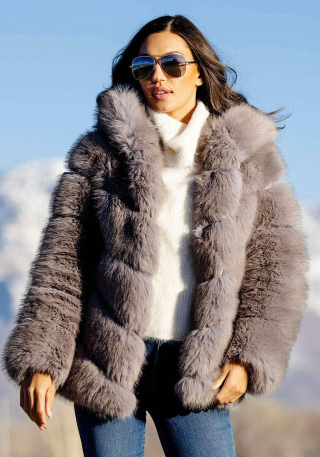 Grey Fox Faux Fur Chateau Chevron Hooded Coat