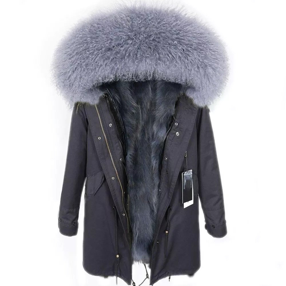 Women's Parka Winter Natural Mongolian Wool Collar Jacket Long Section