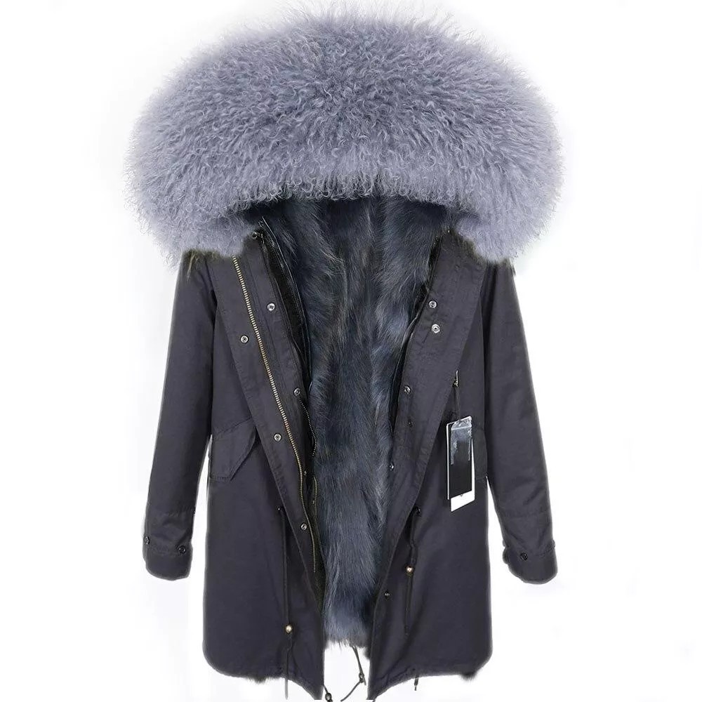 Women's Parka Winter Natural Mongolian Wool Collar Jacket Long Section