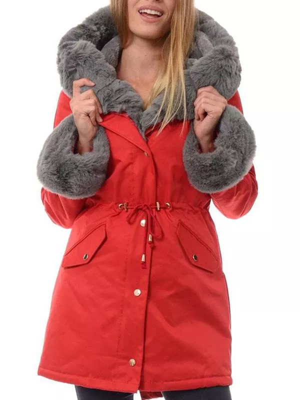 Ladies winter parka coat red, gray fur