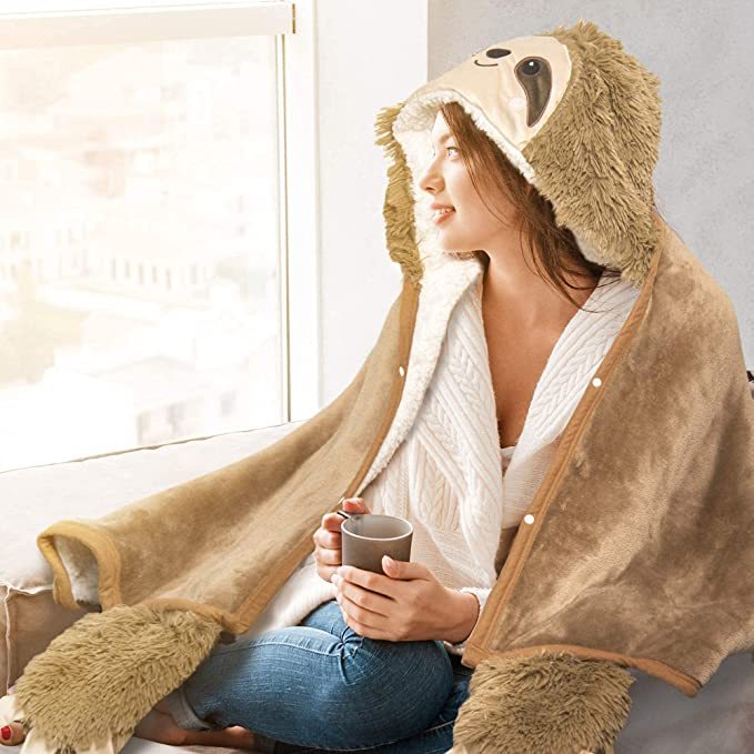 Wearable Hooded Blanket for Adults - Super Soft Warm Cozy Plush Flannel Fleece & Sherpa Hoodie Throw Cloak Wrap - Sloth Gifts for Women Adults and Kids