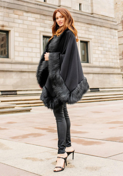 Black Fox Faux Fur-Trimmed Shawl