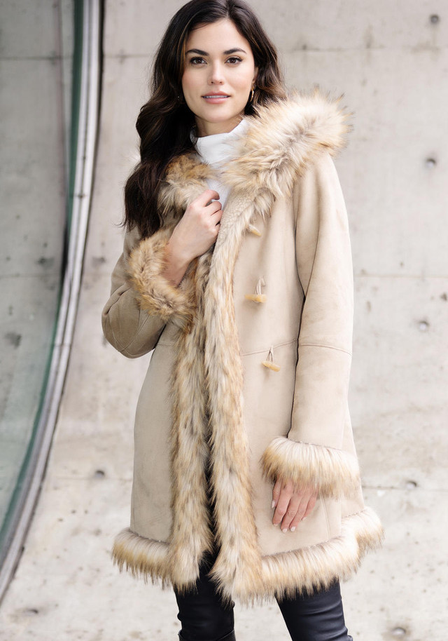 Latte Faux Suede & Faux Fur Alpine Hooded Coat