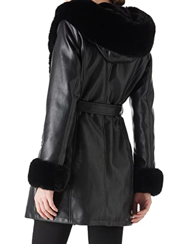 Women's Faux Leather Fleece Lined Coat Winter Hooded Zip-up Parka with Belt