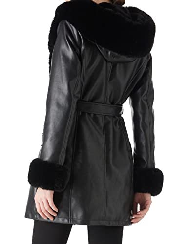 Women's Faux Leather Fleece Lined Coat Winter Hooded Zip-up Parka with Belt