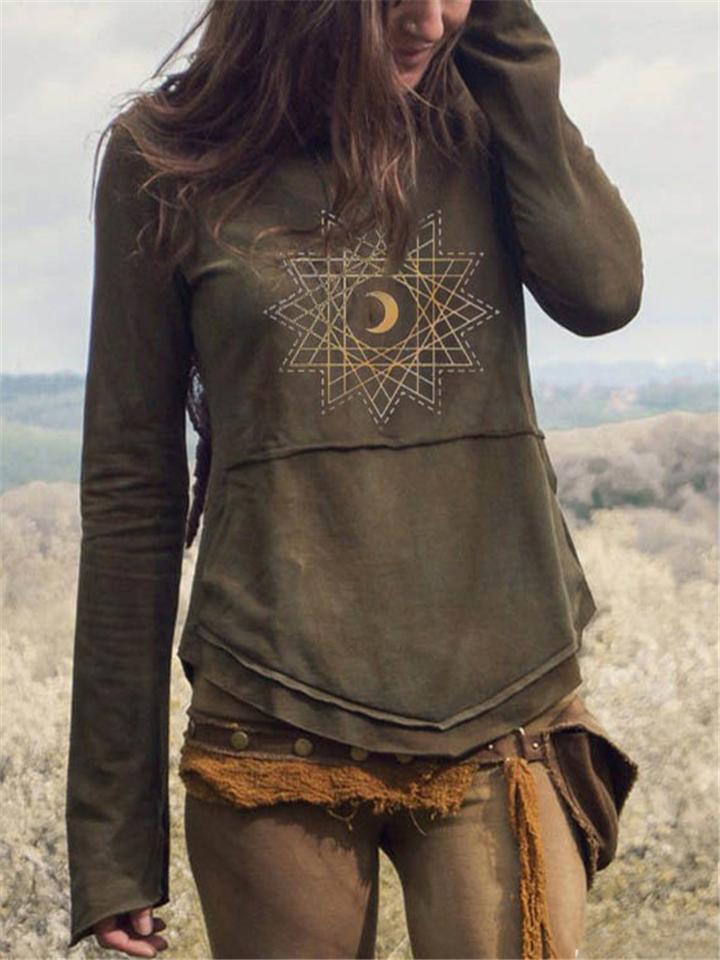 Vintage Style Moon Printed Front Pocket Long Sleeve Shirts