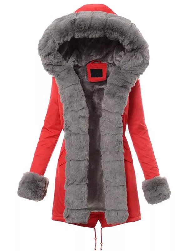 Ladies winter parka coat red, gray fur