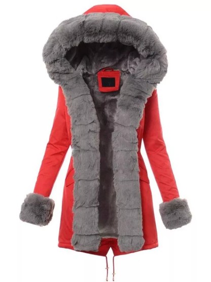Ladies winter parka coat red, gray fur