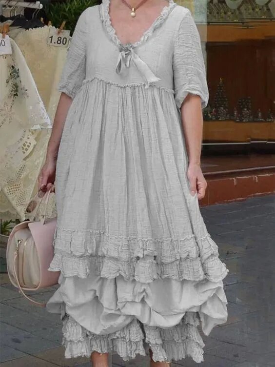 Lace Wrinkle Round Neck Short Sleeve Dress