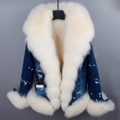 Women's Jacket Fox Fur Denim Short Pie Overcoming Winter Warm Thick Li