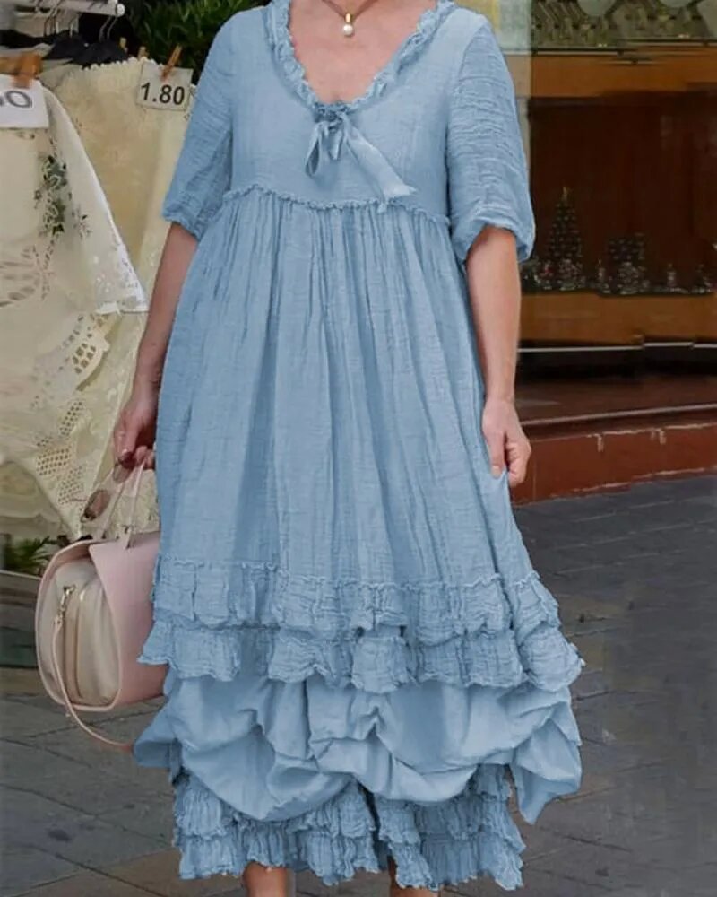 Lace Wrinkle Round Neck Short Sleeve Dress