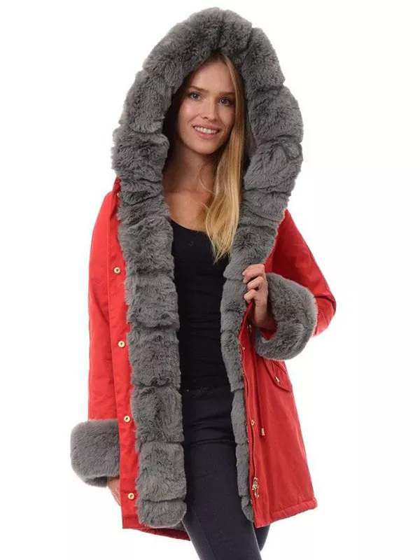 Ladies winter parka coat red, gray fur
