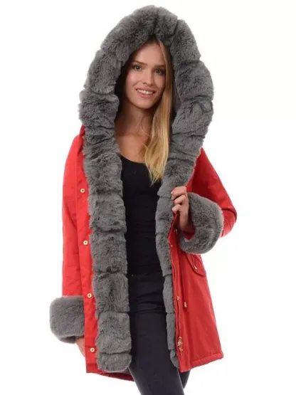 Ladies winter parka coat red, gray fur