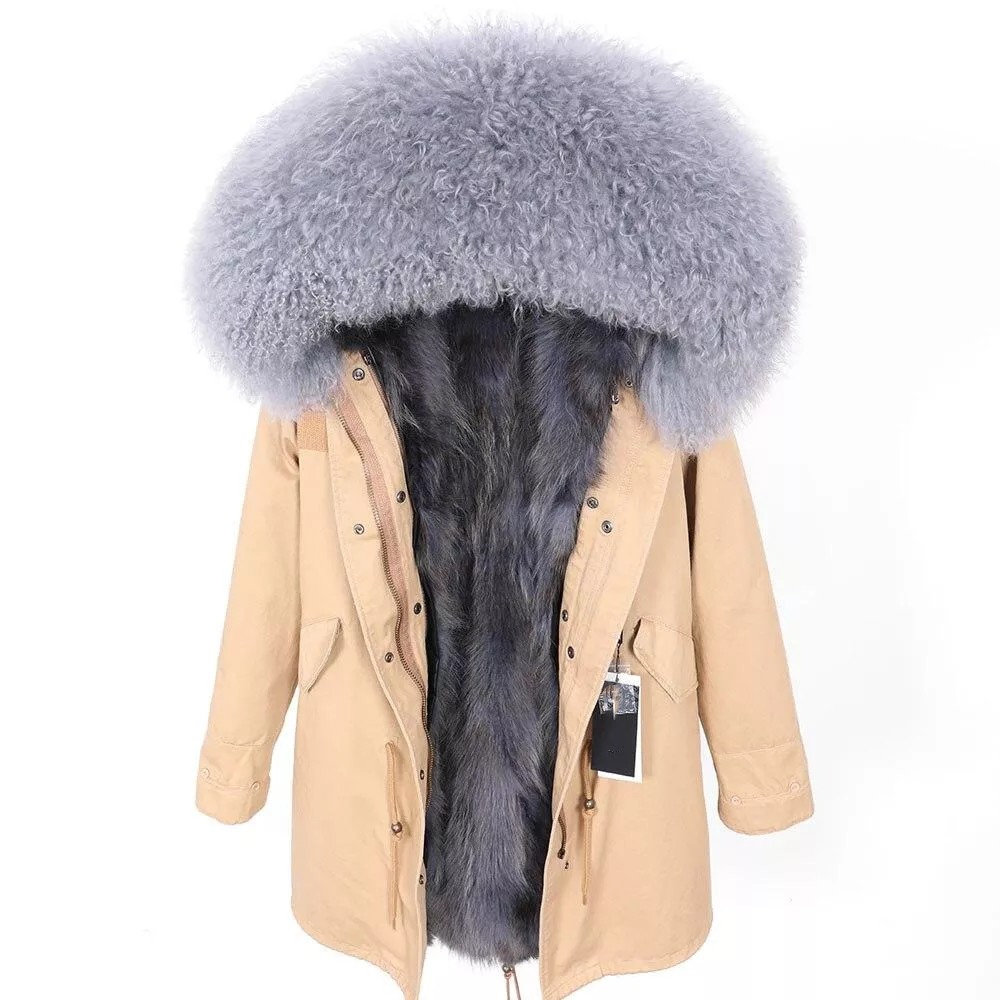 Women's Parka Winter Natural Mongolian Wool Collar Jacket Long Section