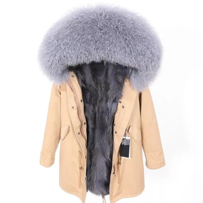 Women's Parka Winter Natural Mongolian Wool Collar Jacket Long Section