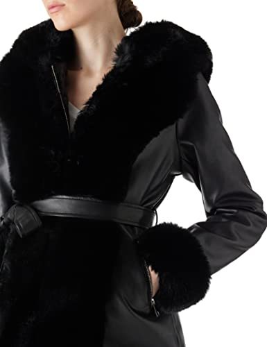 Women's Faux Leather Fleece Lined Coat Winter Hooded Zip-up Parka with Belt