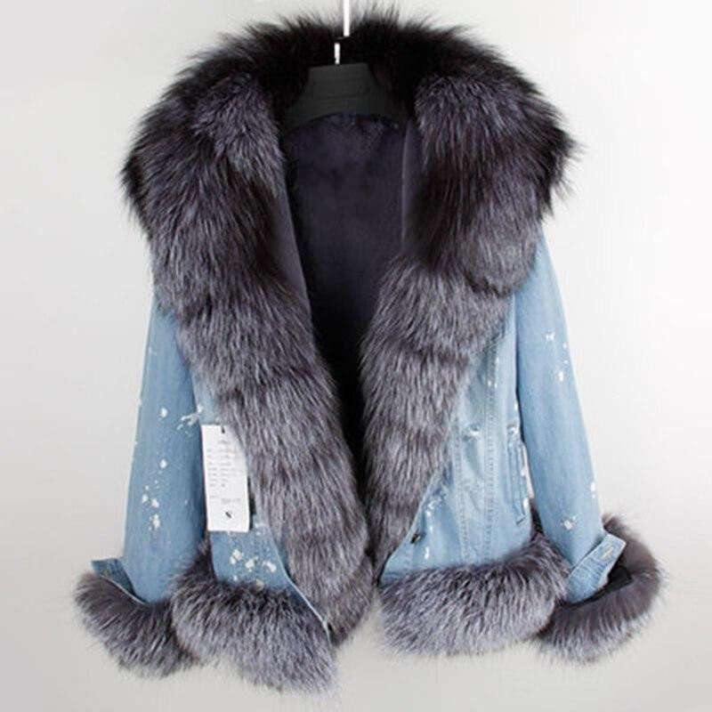 Women's Jacket Fox Fur Denim Short Pie Overcoming Winter Warm Thick Li