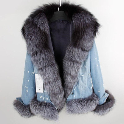 Women's Jacket Fox Fur Denim Short Pie Overcoming Winter Warm Thick Li
