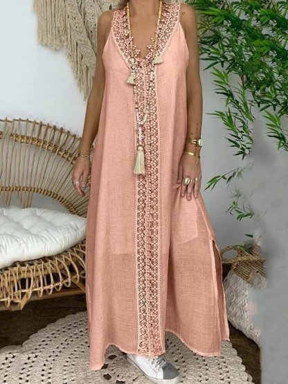 Women Solid Color Lace Trim V-Neck Sleeveless Casual Dresses