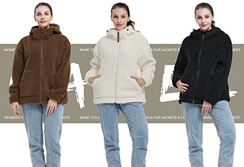 Women's Warm Fleece Sherpa Jackets Hooded Faux Shearling Coats Oversized Winter Teddy Coat Zipper Outwear