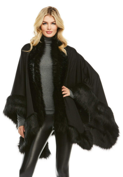 Black Fox Faux Fur-Trimmed Shawl