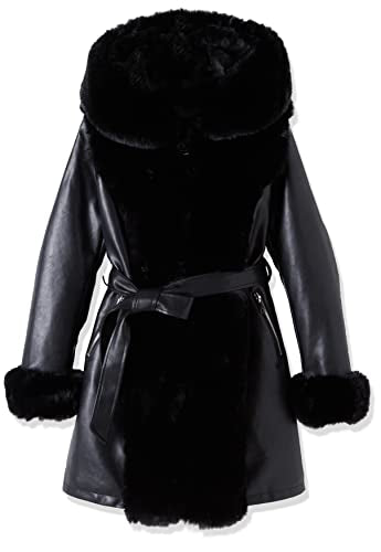 Women's Faux Leather Fleece Lined Coat Winter Hooded Zip-up Parka with Belt