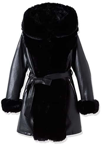 Women's Faux Leather Fleece Lined Coat Winter Hooded Zip-up Parka with Belt