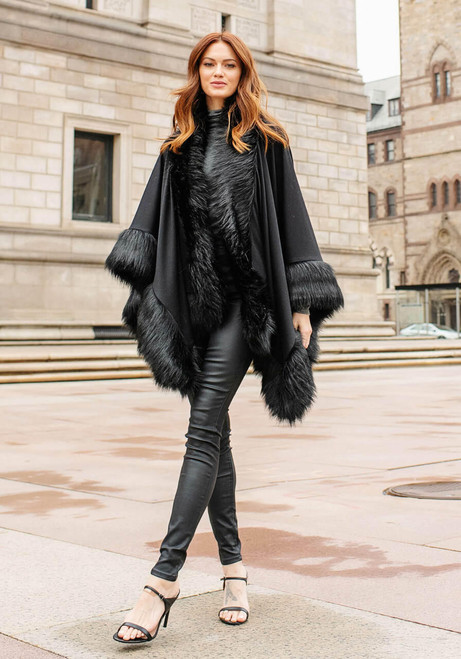 Black Fox Faux Fur-Trimmed Shawl