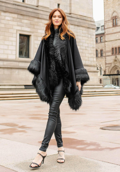 Black Fox Faux Fur-Trimmed Shawl
