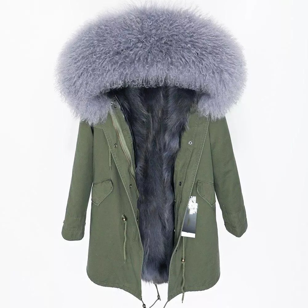 Women's Parka Winter Natural Mongolian Wool Collar Jacket Long Section
