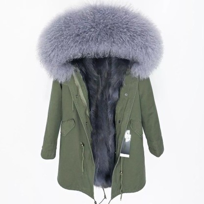 Women's Parka Winter Natural Mongolian Wool Collar Jacket Long Section