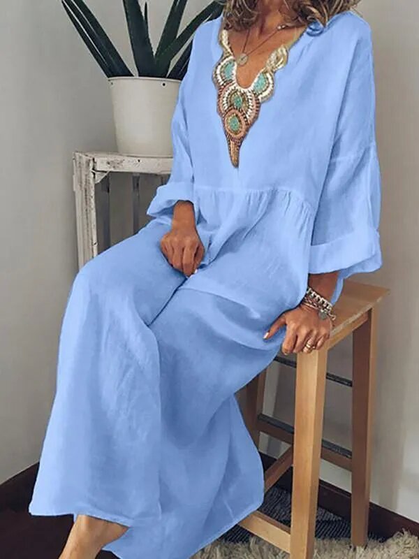 Casual V-Neck Printed Long-Sleeved Dress