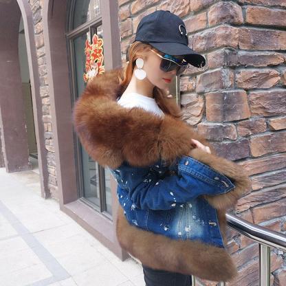 Women's Jacket Fox Fur Denim Short Pie Overcoming Winter Warm Thick Li