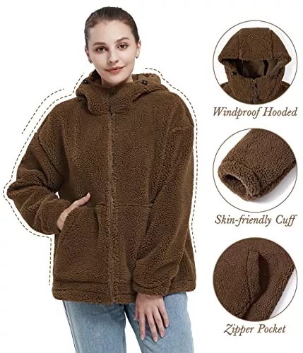 Women's Warm Fleece Sherpa Jackets Hooded Faux Shearling Coats Oversized Winter Teddy Coat Zipper Outwear