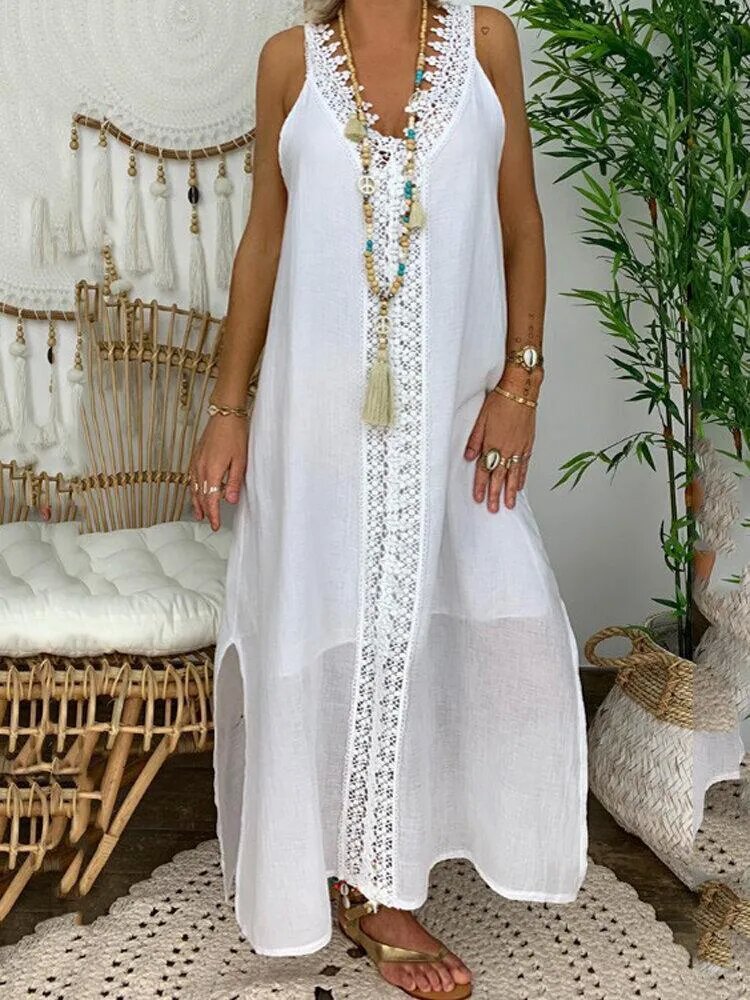 Women Solid Color Lace Trim V-Neck Sleeveless Casual Dresses