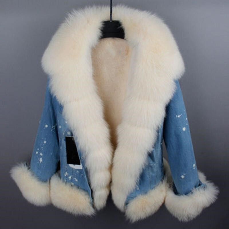 Women's Jacket Fox Fur Denim Short Pie Overcoming Winter Warm Thick Li