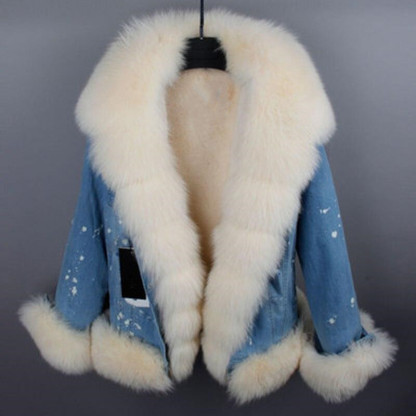 Women's Jacket Fox Fur Denim Short Pie Overcoming Winter Warm Thick Li